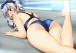  absurdres ass back bare_shoulders barefoot black_eyes blush breast_press curvy embarrassed feet from_behind full_metal_panic! grey_hair hair_ribbon highres huge_ass legs long_hair looking_back lying on_stomach open_mouth pool ribbon shiny shiny_skin solo sweat swimsuit teletha_testarossa thick_thighs thighs water wide_hips yadokari_genpachirou 