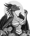  anthro big_breasts breasts featureless_breasts female happy hi_res looking_at_viewer lunula monochrome moon moonflower moonwatcher_(wof) nightwing_(wof) non-mammal_breasts nude smile solo spread_wings standing_in_flowers wings wings_of_fire 