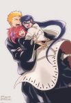 1boy 2girls abarai_ichika black_hair black_hakama bleach bleach:_epilogue commentary_request corrupted_twitter_file group_hug hakama haori highres hug japanese_clothes kuchiki_rukia kurosaki_ichigo long_hair m1rimorinku mother_and_daughter multiple_girls open_mouth orange_hair ponytail red_hair shihakusho smile spanish_commentary taichou_haori twitter_username very_long_hair watermark 