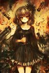  belt black_dress brown_eyes brown_hair combat_knife dagger dress flashbang frilled_dress frills highres holding holding_weapon knife lm7_(op-center) looking_at_viewer original sepia smile solo surreal weapon 