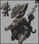  2026 anthro big_butt big_penis black_body black_ears black_fur black_nipples black_tail brown_cloak brown_clothing brown_eyes brown_hat brown_headwear butt cloak clothing cowboy_hat digital_media_(artwork) domestic_cat eye_scar facial_scar felid feline felis fur genitals grey_background gun handgun hat hat_over_eye headgear headwear hi_res holding_gun holding_handgun holding_object holding_ranged_weapon holding_revolver holding_weapon k'draws looking_at_viewer male mammal mewgenics multicolored_cloak multicolored_clothing nipples penis pose ranged_weapon revolver scar signature simple_background solo standing tail thick_thighs three-quarter_view two_tone_cloak two_tone_clothing two_tone_hat weapon zodiac_(mewgenics) 