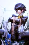  alternate_hair_length alternate_hairstyle banned_artist bayonetta bayonetta_(character) bayonetta_2 black_hair blue_eyes breasts earrings elbow_gloves glasses gloves jewelry large_breasts lips looking_at_viewer md5_mismatch mole mole_under_mouth navel paul_kwon pubic_hair short_hair solo spread_legs squatting thighs 