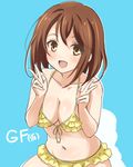  :d bikini blue_background breasts brown_eyes brown_hair cleavage copyright_name double_v frilled_bikini frills front-tie_top girlfriend_(kari) navel open_mouth shiina_kokomi short_hair smile solo swimsuit turkey_min v yellow_bikini 