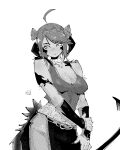 1girl ahoge breasts cleavage closed_mouth commentary commission cowboy_shot detached_sleeves english_commentary facing_viewer final_fantasy final_fantasy_xiv greyscale hairband hand_on_own_wrist hatching_(texture) highres horns large_breasts linear_hatching looking_to_the_side miregeist monochrome short_hair simple_background skirt solo swept_bangs tail tank_top white_background 