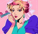  bandana blonde_hair breasts character_name cleavage earrings flower hair_flower hair_ornament hand_on_own_cheek jewelry jojo_no_kimyou_na_bouken looking_at_viewer medium_breasts multicolored_hair outline parted_lips pink_background pink_hair pink_lips puffy_short_sleeves puffy_sleeves red_flower red_rose rose sanako_(tsubakiiro) short_sleeves simple_background smile solo suzi_q two-tone_hair upper_body white_outline 