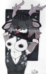 absurd_res anthro antlers big_breasts black_background black_clothing black_shirt black_topwear breasts clothed clothing clothing_lift covered_eyes deer drawing exposed_breasts female fingernails fur genitals grey_body grey_fur hair hair_over_eyes hi_res horn mammal mootsncompany multicolored_body multicolored_hair nails nipples olivia_(mootsncompany) painting_(artwork) partially_clothed shirt shirt_lift simple_background sketch solo t-shirt tongue tongue_out topwear traditional_media_(artwork) traditional_painting_(artwork) vulva
