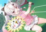  1girl :d alternate_costume bike_shorts bike_shorts_under_skirt black_bow black_shorts blue_sky bow center-flap_bangs commentary_request day dutch_angle fang gradient_hair grey_hair hair_between_horns hair_bow highres holding holding_tennis_racket hololive horns kotone_neruneru long_hair miniskirt motion_blur multicolored_hair nakiri_ayame oni open_mouth outdoors pink_shirt pleated_skirt poyoyo_(nakiri_ayame) racket red_eyes red_hair shirt short_sleeves shorts skin-covered_horns skin_fang skirt sky smile solo sweatband tennis tennis_court tennis_racket v-shaped_eyebrows virtual_youtuber white_skirt 
