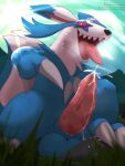  2_claws 3:4 animal_genitalia animal_penis azumarill balls big_balls big_ears big_knot big_penis blue_balls blue_body blue_fur bodily_fluids claws countershading cum digital_media_(artwork) dripping_penis erection feral fur fur_markings galarian_form galarian_linoone generation_2_pokemon generation_8_pokemon genital_fluids genitals grass grass_field hi_res hybrid hybrid_pokemon jet_the_linumarill knot leaking_cum leaking_precum long_tongue looking_at_viewer low-angle_view male markings nintendo open_mouth penis plant pokemon pokemon_(species) precum presenting presenting_penis regional_form_(pokemon) sharp_teeth sheath signature smile smug solo tapering_penis teeth tongue vogold white_body white_fur 