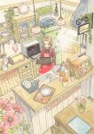  1girl apron artist_name bag baking_sheet bowl brown_eyes cabinet chair closed_mouth commentary_request cookie counter cup cupboard curtained_hair curtains dress falling_petals flower food frilled_apron frills hanasaki_taru hanging_light highres holding indoors jar kitchen ladle light_particles light_rays long_dress long_sleeves magnet microwave original oven_mitts paper paper_bag parted_bangs perspective petals pink_flower plant plate plate_stack potted_plant red_apron red_dress refrigerator refrigerator_magnet sign sink slice_of_life smile solo spatula spoon standing table teacup toaster_oven traditional_media tray vines wall_shelf whisk white_flower window wooden_floor 