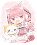  1girl :3 ahoge animal animal_ear_fluff animal_ears arm_cutout bare_shoulders belt black_belt black_bow black_ribbon border bow bow_choker bowtie brown_eyes buttons cat cat_day cat_ears center_frills chibi choker claw_pose cloak clothed_animal clothing_cutout commentary_request ear_covers frilled_shirt frilled_sleeves frills furrowed_brow gozen_11ji hair_bow hair_ribbon happy hexagram highres hood hood_up hooded_cloak infinity_nikki jewelry kemonomimi_mode layered_skirt leaning_forward light_blush long_hair long_sleeves low_twintails mary_janes medium_skirt momo_(nikki) navel necklace nikki_(nikki) nikki_(series) off-shoulder_shirt off_shoulder open_mouth outline perfect_start_(infinity_nikki) pink_background pink_bow pink_bowtie pink_choker pink_hair pink_ribbon pink_shoes pink_sky pleated_skirt print_skirt puffy_long_sleeves puffy_sleeves red_bow red_bowtie ribbon shadow shirt shoes single_stripe skirt sky smile snowflake_print snowflakes socks standing star_(symbol) star_necklace striped_bow striped_bowtie striped_choker striped_clothes textless_version traditional_bowtie tress_ribbon twintails very_long_hair wavy_hair whiskers white_border white_cat white_outline white_shirt white_skirt white_socks yarn yarn_ball yellow_cloak 