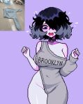 1girl absurdres asymmetrical_clothes bare_shoulders black_choker black_hair breasts brooklyn_sweater choker cleavage clothes_writing collarbone commentary covered_navel d: english_commentary flying_sweatdrops gradient_hair grey_sweater hair_over_one_eye highres liz_(rottenliz) looking_at_self meme messy_hair multicolored_hair naked_sweater open_mouth original photo_inset pixel_art purple_background reference_inset rottenliz shoulder_blush sideboob sideless_outfit sideless_sweater single_bare_arm single_bare_leg single_pantsleg single_sleeve solo sweat sweater teeth upper_teeth_only 