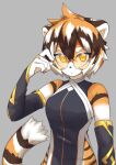 1girl animal_ears animal_print arknights black_dress black_sleeves commentary_request detached_sleeves dress furry furry_female grey_background looking_at_viewer open_mouth orange_eyes orange_hair pelvic_curtain round_eyewear short_hair sitting solo tail teeth tiger_ears tiger_girl tiger_print tiger_tail upper_teeth_only waai_fu_(arknights) youdie 