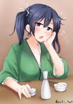  alcohol anti_(untea9) blue_hair blush breasts chestnut_mouth chin_rest choko_(cup) chopsticks commentary_request cup drunk furrowed_eyebrows hair_ribbon hand_on_own_cheek highres japanese_clothes kantai_collection large_breasts open_mouth ribbon sake short_hair simple_background solo souryuu_(kantai_collection) tokkuri twintails twitter_username 