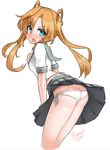  abukuma_(kantai_collection) ass blonde_hair blue_eyes blush cowboy_shot kantai_collection leaning_forward long_hair looking_at_viewer open_mouth panties school_uniform serafuku short_sleeves side-tie_panties signature simple_background skirt solo tilt-shift twintails underwear white_background white_panties 