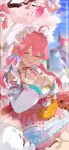  2girls 35p_(sakura_miko) ahoge bag cherry_blossoms closed_eyes commentary_request detached_collar detached_sleeves double-parted_bangs falling_petals food food-themed_bag frilled_hairband frilled_kimono frilled_skirt frilled_sleeves frills hair_between_eyes hair_ornament hair_rings hairband hairclip hanami handbag high-waist_skirt highres holding holding_food hololive hoshimachi_suisei hoshimachi_suisei_(sailor) japanese_clothes kimono kimono_skirt kintoki_(sakura_miko) layered_skirt lolita_fashion lolita_hairband long_hair mikodanye multiple_girls nail_polish name_tag neck_ribbon official_alternate_costume official_alternate_hairstyle open_mouth outdoors petals petticoat pink_hair pink_nails pom_pom_(clothes) pom_pom_hair_ornament ribbon sakura_miko sakura_miko_(new_year) sitting skirt sleeveless sleeveless_kimono smile solo_focus sweet_lolita taiyaki tomochi_(tmc_tmc8) twintails underbust virtual_youtuber wa_lolita wagashi white_hairband white_skirt white_sleeves 