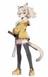  1girl animal_ear_fluff animal_ears bandaged_tail black_skirt black_thighhighs blonde_hair blush breasts cat_ears cat_girl cat_tail center-flap_bangs collared_shirt commentary_request full_body hair_intakes hair_ornament highres holding holding_sword holding_weapon jacket long_sleeves looking_at_viewer medium_breasts medium_hair miniskirt off_shoulder open_clothes open_jacket original pa._(tatuya28001) pleated_skirt red_eyes sheath sheathed shirt shoes short_twintails sidelocks simple_background skirt sleeveless sleeveless_shirt solo standing star_(symbol) star_hair_ornament sword tail thighhighs twintails weapon white_background white_shirt yellow_jacket yellow_shoes 