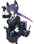  blue_hair cardigan cowboy_shot fingerless_gloves gloves hair_over_one_eye headgear kantai_collection looking_at_viewer machinery over_shoulder purple_eyes short_hair simple_background solo sword tenryuu_(kantai_collection) tilt-shift twitter_username weapon weapon_over_shoulder white_background 