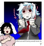 2girls :3 animal_ears arrow_(symbol) black_hair collared_shirt droopy_ears english_text grey_jacket hand_on_own_ear highres inaba_tewi index_finger_raised jacket multiple_girls necktie nervous_sweating open_mouth pointing pointing_at_another pugnole pulling_own_ear purple_hair rabbit_ears rabbit_girl red_eyes red_necktie reisen_(touhou_bougetsushou) shirt short_hair signature smile sweat touhou white_shirt 