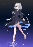  1girl absurdres barefoot black_dress black_sailor_collar dress full_body gradient gradient_background grey_eyes grey_neckwear highres konno_junko long_sleeves sailor_collar sailor_dress shiny shiny_hair short_dress short_hair silver_hair solo standing standing_on_one_leg tsubasa19900920 zombie_land_saga 