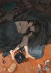  1girl barefoot bird black_eyes black_hair book bread chair character_request copyright_request food highres indoors kasumi_yuzuha lying medium_hair open_mouth phone rug shirt solo tennis white_shirt 
