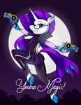  2014 anthro anthrofied barefoot bayonetta blue_eyes breasts butt clothed clothing cosplay crossover cutie_mark dalipuff eyewear female friendship_is_magic fur glasses gun hair half-closed_eyes hooves horn long_hair looking_at_viewer mole_(marking) moon my_little_pony night pose purple_hair raised_leg raised_tail ranged_weapon rarity_(mlp) side_boob side_view sky smile teeth weapon white_fur 