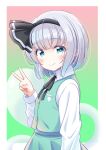  1girl absurdres black_bow black_bowtie black_hairband blush bow bowtie closed_mouth collared_shirt commentary_request green_eyes green_skirt green_vest grey_hair hairband highres hitodama hitodama_print konpaku_youmu konpaku_youmu_(ghost) looking_at_viewer reimei_(r758120518) shirt skirt skirt_set smile solo touhou v vest white_shirt 