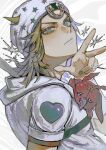  1boy adam's_apple blonde_hair blue_eyes blue_nails closed_mouth commentary_request hair_horns hat heart highres hooded_shirt horseshoe_ornament johnny_joestar jojo_no_kimyou_na_bouken male_focus medium_hair nail_polish neg_50asu shirt short_sleeves solo stand_(jojo) star_(symbol) steel_ball_run three-finger_salute tusk_(stand) tusk_act1 white_background white_hat white_shirt 