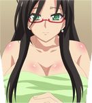  1girl black_hair breasts cleavage earrings female glasses green_eyes hasegawa_chisato jewelry large_breasts long_hair shinmai_maou_no_testament simple_background smile solo stitched towel 