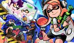  aori_(splatoon) baseball_cap beanie big-d bike_shorts blue_eyes blue_hair dark_skin domino_mask hat headphones highres hotaru_(splatoon) ink_tank_(splatoon) inkling mask monitor monster_girl multiple_girls paintbrush pinky_out scope splat_charger_(splatoon) splatoon_(series) splatoon_1 splattershot_(splatoon) super_soaker tentacle_hair 