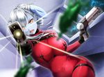  alien bdsm blue_skin bodysuit bondage bound breasts celeste_luvendass choker cleavage dutch_angle firing game_cg gloves gun highres horns huniepop large_breasts latex long_hair looking_at_viewer ninamo nipple_clamps non-web_source open_mouth orange_eyes prisoner skin_tight slime solo weapon 