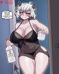  1girl alcohol alternate_breast_size_(larger) among_us babydoll black_babydoll black_bra black_panties blush bottle bra breasts cleavage closed_mouth commentary cowboy_shot crewmate_(among_us) cup curvy demon_girl demon_horns demon_tail doorway drinking_glass english_commentary english_text glass_bottle helltaker highres holding holding_bottle holding_cup horns huge_breasts indoors looking_at_viewer malina_(helltaker) navel panties red_eyes rocks_glass see-through_babydoll see-through_clothes short_hair solo speech_bubble tail talking tehhank thighs underwear underwear_only vodka wavy_mouth white_hair 