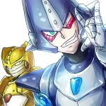  2boys ;d \m/ android armor blue_armor blue_helmet chest_jewel commentary_request facial_mark geemel_(mega_man) helmet looking_at_viewer mask mega_man_(series) mega_man_x_(series) mega_man_xtreme mouth_mask multiple_boys one_eye_closed robot robot_ears shinku_castle simple_background smile spiked_helmet spikes upper_body white_background yellow_armor yellow_helmet zain_(mega_man) 