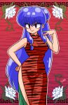  >:) 1girl animal_print bell china_dress chinese_clothes commentary_request double_bun dress eyeshadow hair_bell hair_bun hair_ornament hair_ribbon long_eyelashes long_hair long_sidelocks makeup meandros purple_eyes purple_hair ranma_1/2 red_dress ribbon shampoo_(ranma_1/2) sidelocks signature smile tiger_print v-shaped_eyebrows very_long_hair wanta_(futoshi) 