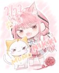  1girl :3 ahoge animal animal_ear_fluff animal_ears arm_cutout bare_shoulders belt black_belt black_bow black_ribbon border bow bow_choker bowtie brown_eyes buttons cat cat_day cat_ears center_frills character_name chibi choker claw_pose cloak clothed_animal clothing_cutout commentary_request dated ear_covers frilled_shirt frilled_sleeves frills furrowed_brow gozen_11ji hair_bow hair_ribbon happy hexagram highres hood hood_up hooded_cloak infinity_nikki jewelry kemonomimi_mode layered_skirt leaning_forward light_blush long_hair long_sleeves low_twintails mary_janes medium_skirt momo_(nikki) navel necklace nikki_(nikki) nikki_(series) off-shoulder_shirt off_shoulder open_mouth outline perfect_start_(infinity_nikki) pink_background pink_bow pink_bowtie pink_choker pink_hair pink_ribbon pink_shoes pink_sky pleated_skirt print_skirt puffy_long_sleeves puffy_sleeves red_bow red_bowtie ribbon shadow shirt shoes single_stripe skirt sky smile snowflake_print snowflakes socks standing star_(symbol) star_necklace striped_bow striped_bowtie striped_choker striped_clothes traditional_bowtie tress_ribbon twintails very_long_hair wavy_hair whiskers white_border white_cat white_outline white_shirt white_skirt white_socks yarn yarn_ball yellow_cloak 