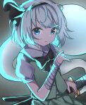  1girl absurdres black_bow black_bowtie black_hairband black_ribbon blue_eyes bow bowtie closed_mouth collared_shirt commentary green_skirt green_vest grey_hair hair_ribbon hairband hanen_(borry) highres konpaku_youmu konpaku_youmu_(ghost) light_particles looking_at_viewer puffy_short_sleeves puffy_sleeves ribbon scabbard sheath sheathed shirt short_hair short_sleeves skirt solo swept_bangs touhou vest weapon weapon_on_back white_shirt wrist_wrap 