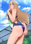  1girl absurdres aquila_yuna arched_back ass bare_shoulders blonde_hair blue_eyes blush breasts cloud clouds embarrassed from_behind highres huge_ass legs long_hair looking_back saint_seiya saint_seiya_omega shiny shiny_skin sky small_breasts solo standing sweat swimsuit thighs yadokari_genpachirou 