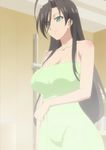  1girl black_hair breasts female green_eyes hasegawa_chisato large_breasts long_hair screencap shinmai_maou_no_testament solo standing stitched towel 