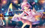 ;d bangs bare_legs bare_shoulders boat braid bridge capura_lin contrapposto fireworks flower hair_flower hair_ornament highres japanese_clothes kimono lamppost long_hair long_sleeves looking_at_viewer night night_sky off_shoulder one_eye_closed open_mouth original outdoors outstretched_arms pink_hair reaching_out red_eyes sailboat short_kimono single_braid sky smile solo standing swept_bangs water watercraft wide_sleeves 