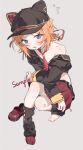  1girl black_hat black_shirt blue_eyes flying_sweatdrops hat highres long_sleeves looking_at_viewer measho necktie open_mouth orange_hair original red_necktie red_shoes sample_watermark shirt shoes short_hair simple_background skirt solo toes watermark 