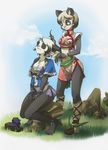  artist_request breasts cleavage clothed clothing dofus duo eyes_closed female gradient gradient_background hair multiple_girls pandawa unknown_artist wakfu white_hair wide_hips 