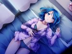  :o alarm_clock bed blue_eyes blue_hair bra breasts clock curtains dutch_angle from_behind game_cg grey_bra grey_panties hand_on_own_stomach highres huniepop indoors lying medium_breasts navel nikki_ann-marie ninamo non-web_source on_back on_bed open_clothes open_shirt panties purple_shirt shirt short_hair solo thigh_gap unbuttoned underwear window 