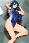  absurdres armpits arms_up blue_hair blush breasts brown_eyes chidori_kaname embarrassed female full_metal_panic! gradient gradient_background hair_ribbon highres large_breasts legs long_hair looking_at_viewer lying ribbon shiny shiny_skin solo sweat swimsuit thighs yadokari_genpachirou 