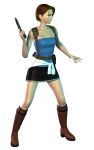  1girl black_skirt blue_tube_top boots brown_boots brown_hair clothes_around_waist gun highres holding holding_gun holding_weapon jill_valentine miniskirt resident_evil resident_evil_3:_nemesis short_hair skirt solo strapless sweater sweater_around_waist tube_top weapon 