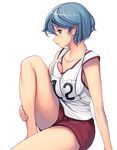  bangs bare_arms bare_legs blue_hair breast_squeeze breasts collarbone knee_up large_breasts leg_hug looking_away masao no_bra number original profile shirt short_hair shorts simple_background sitting sleeveless sleeveless_shirt solo swept_bangs thighs track_and_field white_background yellow_eyes 