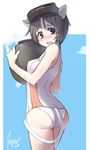  animal_ears ass black_eyes black_hair blush cat_ears cat_tail cowboy_shot dated from_behind goggles goggles_on_head kantai_collection kemonomimi_mode looking_at_viewer looking_back maru-yu_(kantai_collection) one-piece_swimsuit short_hair signature solo swimsuit tail tilt-shift 