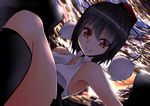  alternate_costume armpits backlighting bird_wings black_hair black_legwear close-up cloud cloudy_sky dutch_angle folded_leg hat kuronekomanjuu looking_at_viewer outstretched_arm pom_pom_(clothes) red_eyes shameimaru_aya shirt short_hair sky sleeveless sleeveless_shirt smile solo thighhighs tokin_hat touhou twilight wings 