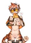  1girl absurdres animal_ears animal_print arknights ass_visible_through_thighs breasts commentary_request da_pu_ezi furry furry_female heart heart_hands highres inverted_nipples large_variant_set looking_at_viewer medium_breasts mole mole_on_breast orange_eyes orange_hair round_eyewear short_hair simple_background solo spoken_heart tail tiger_ears tiger_girl tiger_print tiger_tail variant_set waai_fu_(arknights) white_background 