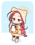  1girl animal_hood black_pantyhose blue_archive blush boots border bow braid brown_boots brown_coat cat_hood character_snowman chibi chibi_only closed_mouth coat commentary_request day doodle_sensei_(blue_archive) dot_nose forehead full_body hair_bow holding_snowman hood hood_up hooded_coat jaggy_lines long_hair mittens orange_mittens outdoors pantyhose red_hair sensei_(blue_archive) single_braid smile snow snowman solo sparkle standing white_border white_bow yoru_nai yuzu_(blue_archive) 