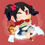  basket black_hair bread chibi flower food full_body loaf_of_bread love_live! love_live!_school_idol_project no_pupils one_eye_closed red_eyes scorpiyo smile solid_eyes solo twintails yazawa_nico 
