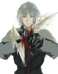  1boy aged_down animal aqua_eyes armor bird black_gloves black_jacket blood closed_mouth commentary empty_eyes final_fantasy final_fantasy_vii final_fantasy_vii:_ever_crisis gloves grey_hair highres holding holding_animal holding_bird jacket male_focus pauldrons sephiroth sephiroth_(ever_crisis) short_hair shoulder_armor sketch slit_pupils solo soten_sq upper_body white_background 